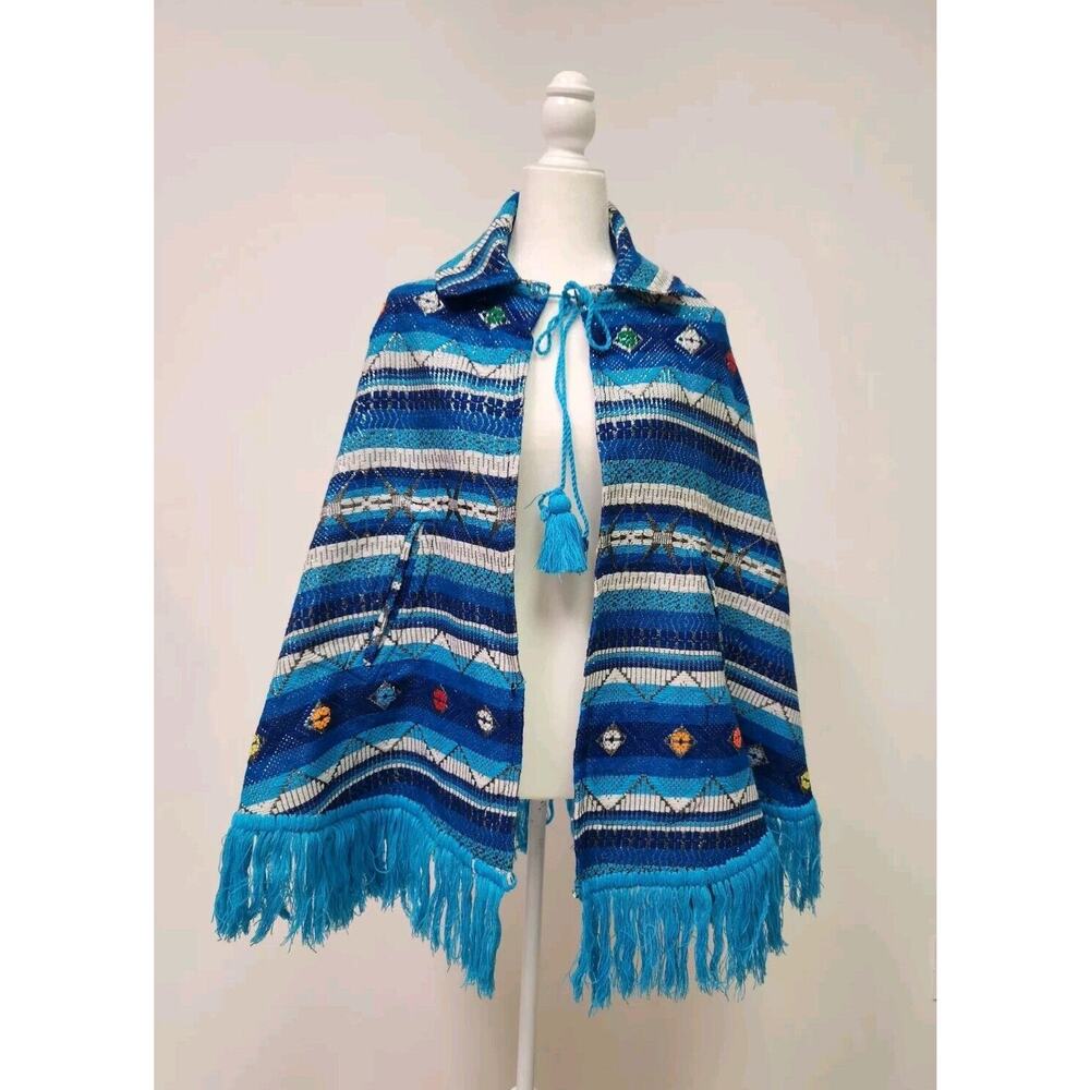 Hippie Boho 1970's vintage knit PONCHO CAPE hand loomed fringe Tassels Blue OS